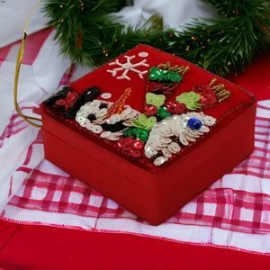 Gift Box Christmas Santa Red Mini Sequins Trinket Ornament Fabric Holiday